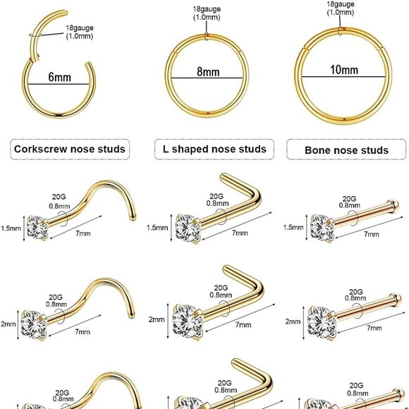 12Pcs Gold Silver Black Hypoallergenic 316L Surgical Steel Nose Jewelry Sets for - Picture 2 of 7